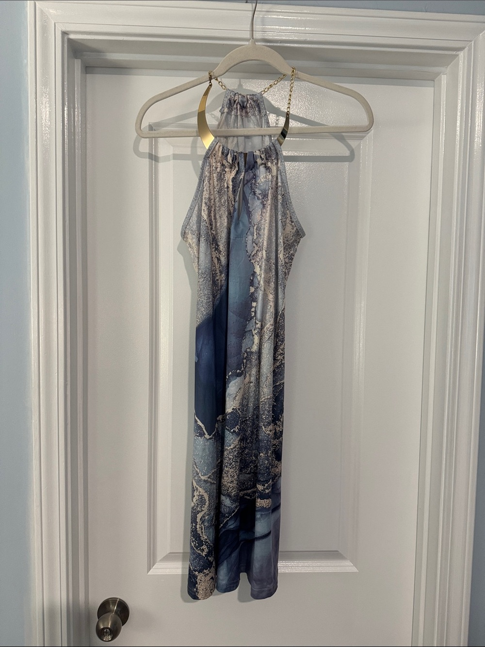 One-Shoulder Marble Print Maxi Dress in Blue